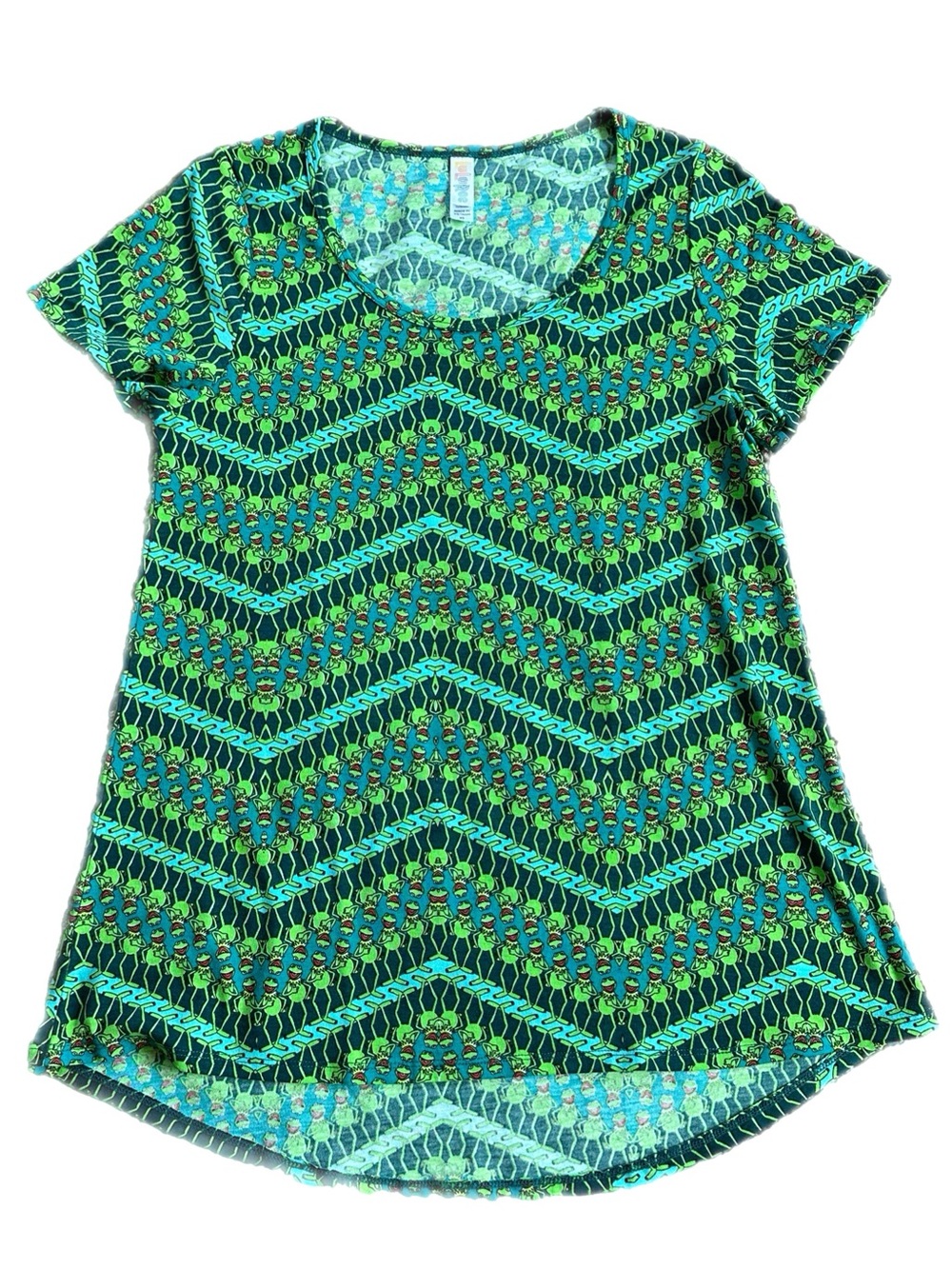 LuLaRoe Disney Kermit Green Chevron Print Short Sleeve Tee